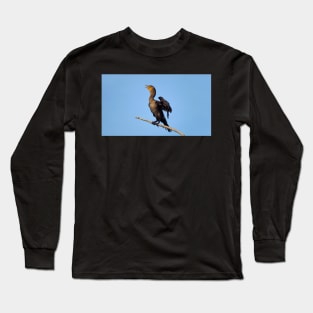 A Double-crested Cormorant On a Branch With Its Wings Spread Long Sleeve T-Shirt